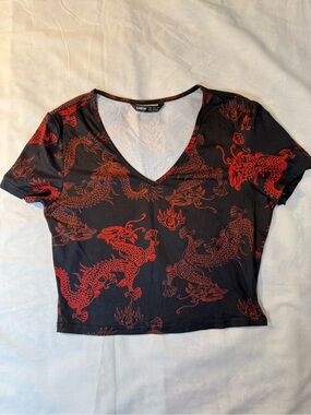 Women’s V-neck Crop Top with Dragon Print Medium